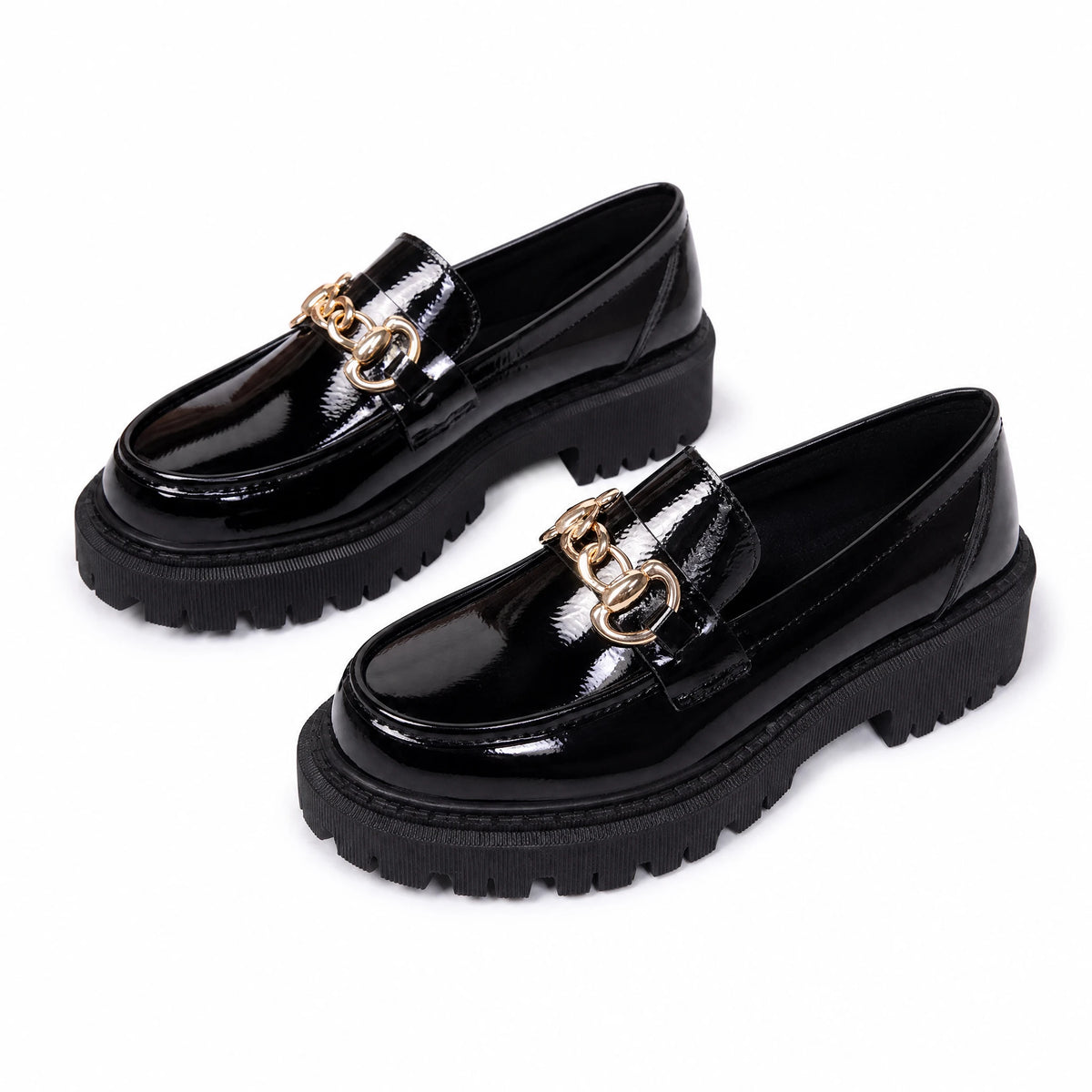 Mocassins plateforme noirs à chaînette dorée pour femme - Noir verni / 35 … (9 tailles)