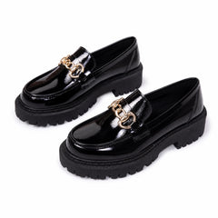 Mocassins plateforme noirs à chaînette dorée pour femme, Noir verni