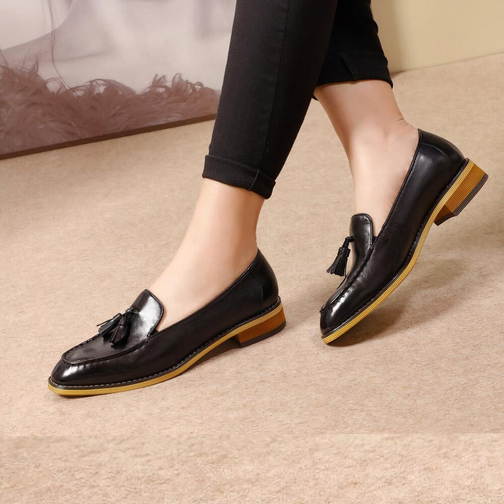 Mocassins plats à glands en cuir brillant véritable pour femme