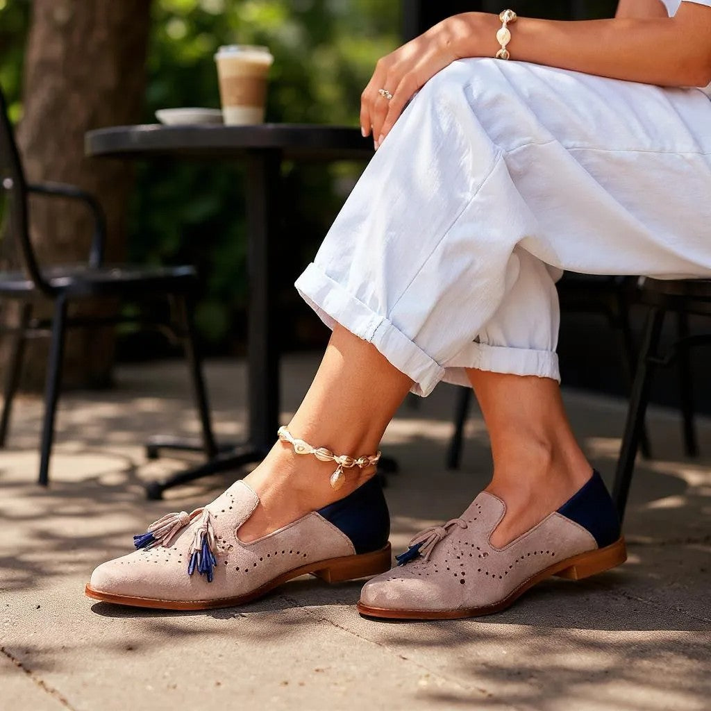 Mocassins rose et bleu à glands pour femme