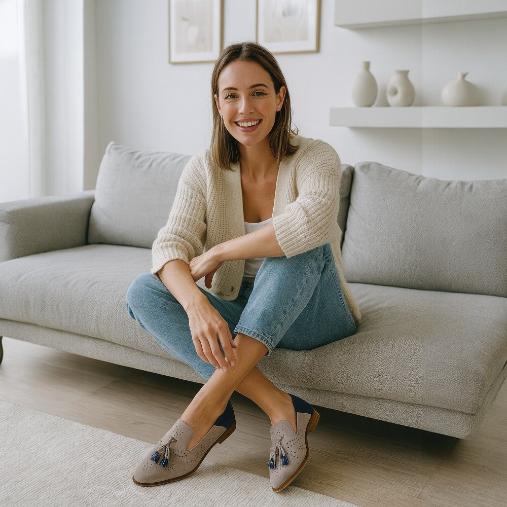 Mocassins rose et bleu à glands pour femme