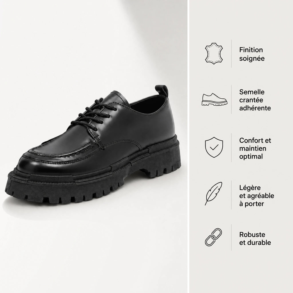 Mocassins semelle épaisse homme noirs à lacets style derby - Bénéfices produit