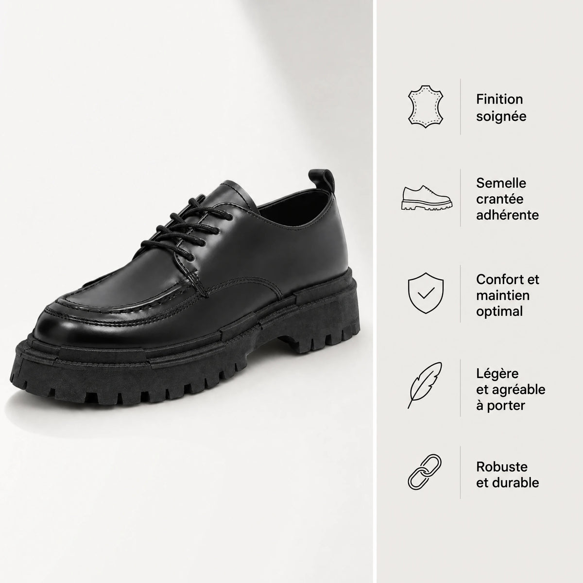 Mocassins semelle épaisse homme noirs à lacets style derby - Bénéfices produit