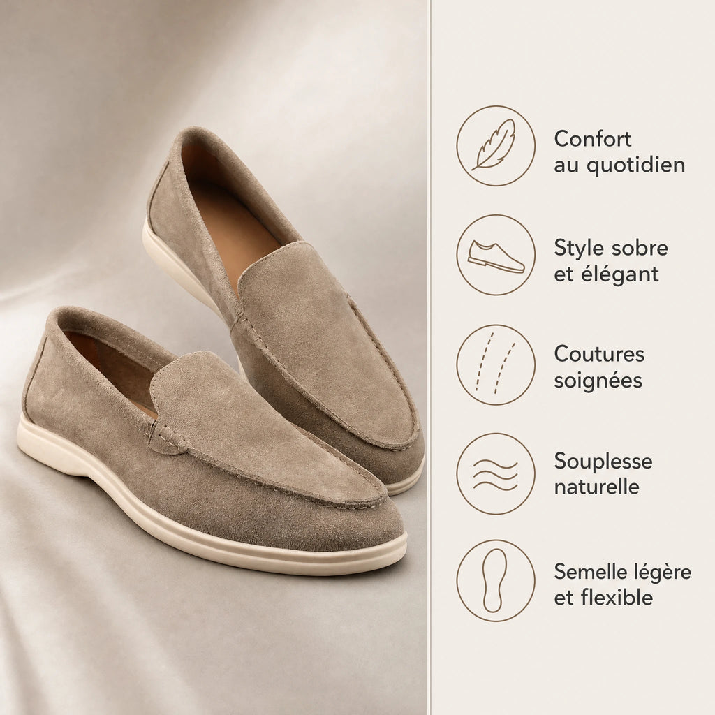 Mocassins souples homme en daim taupe à semelle claire - Bénéfices produit