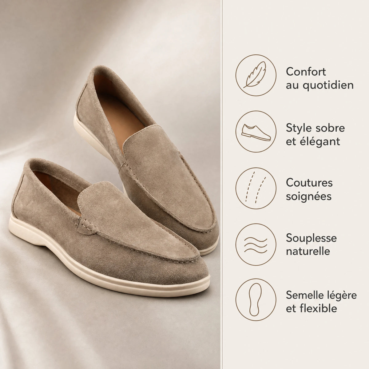Mocassins souples homme en daim taupe à semelle claire - Bénéfices produit