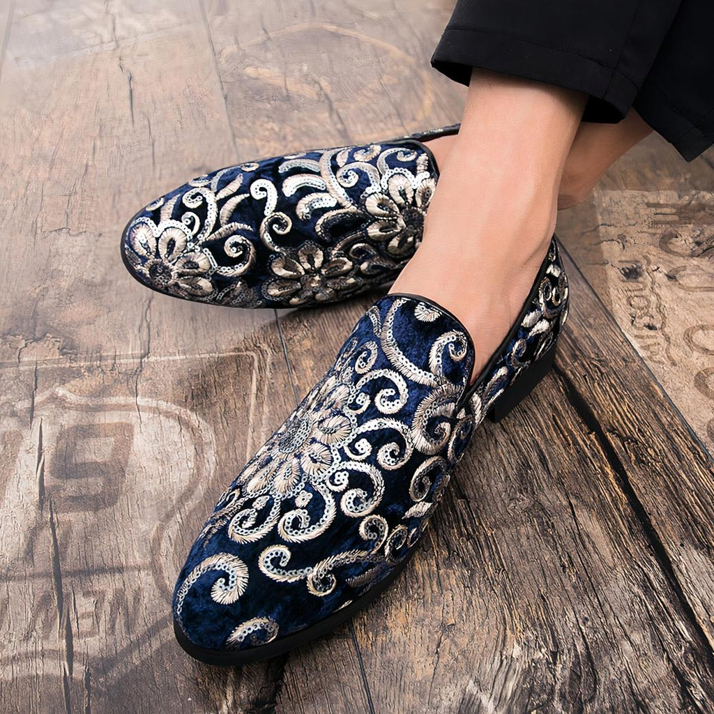 Mocassins effet velours brillant avec broderie fleurie et sequins
