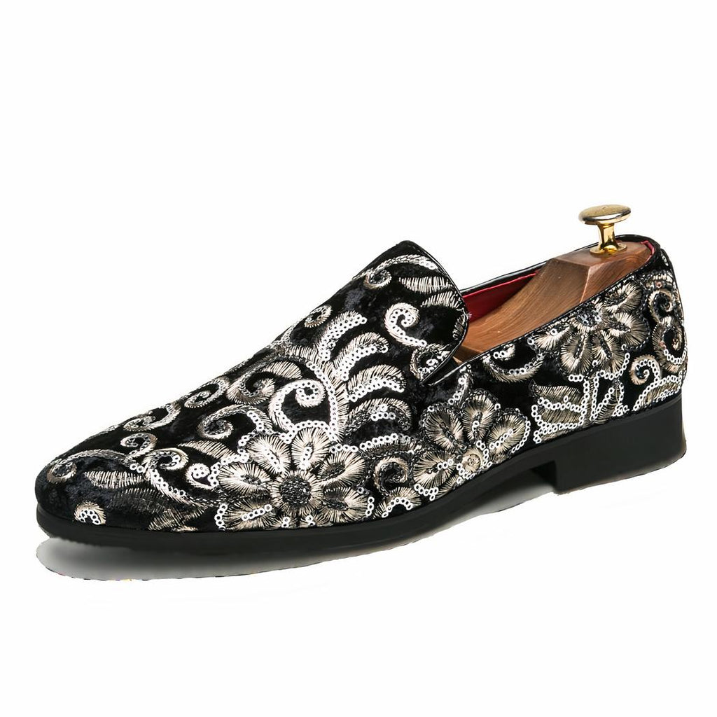 Mocassins effet velours brillant avec broderie fleurie et sequins
