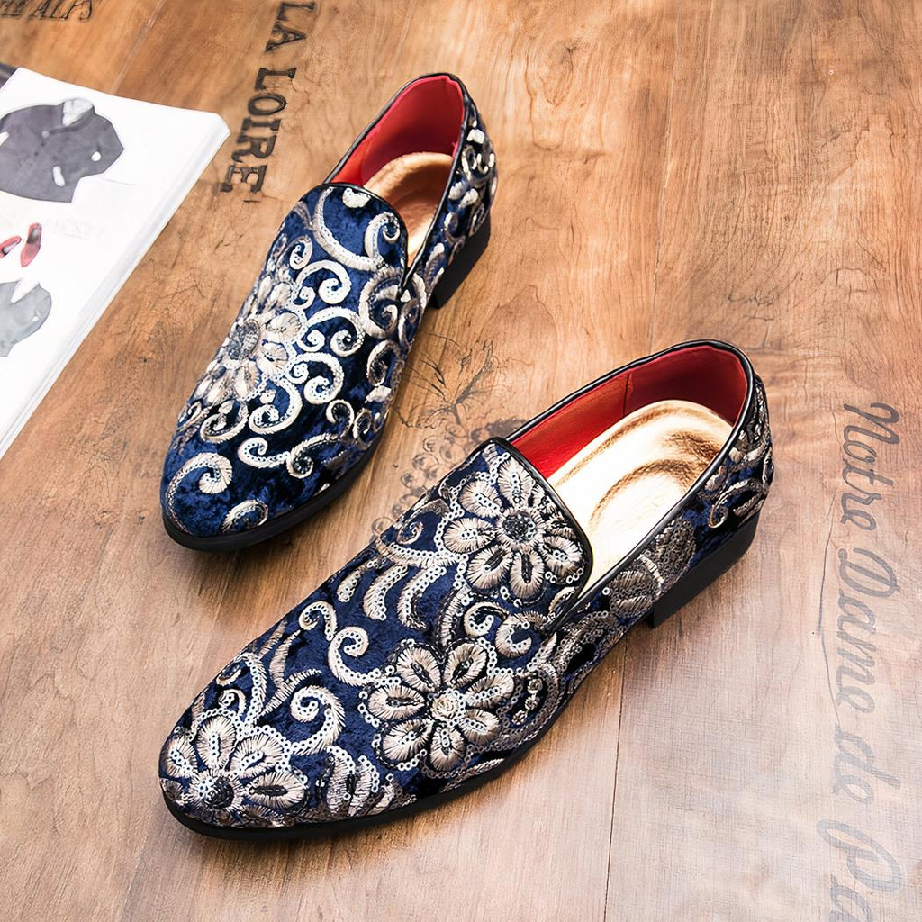 Mocassins effet velours brillant avec broderie fleurie et sequins