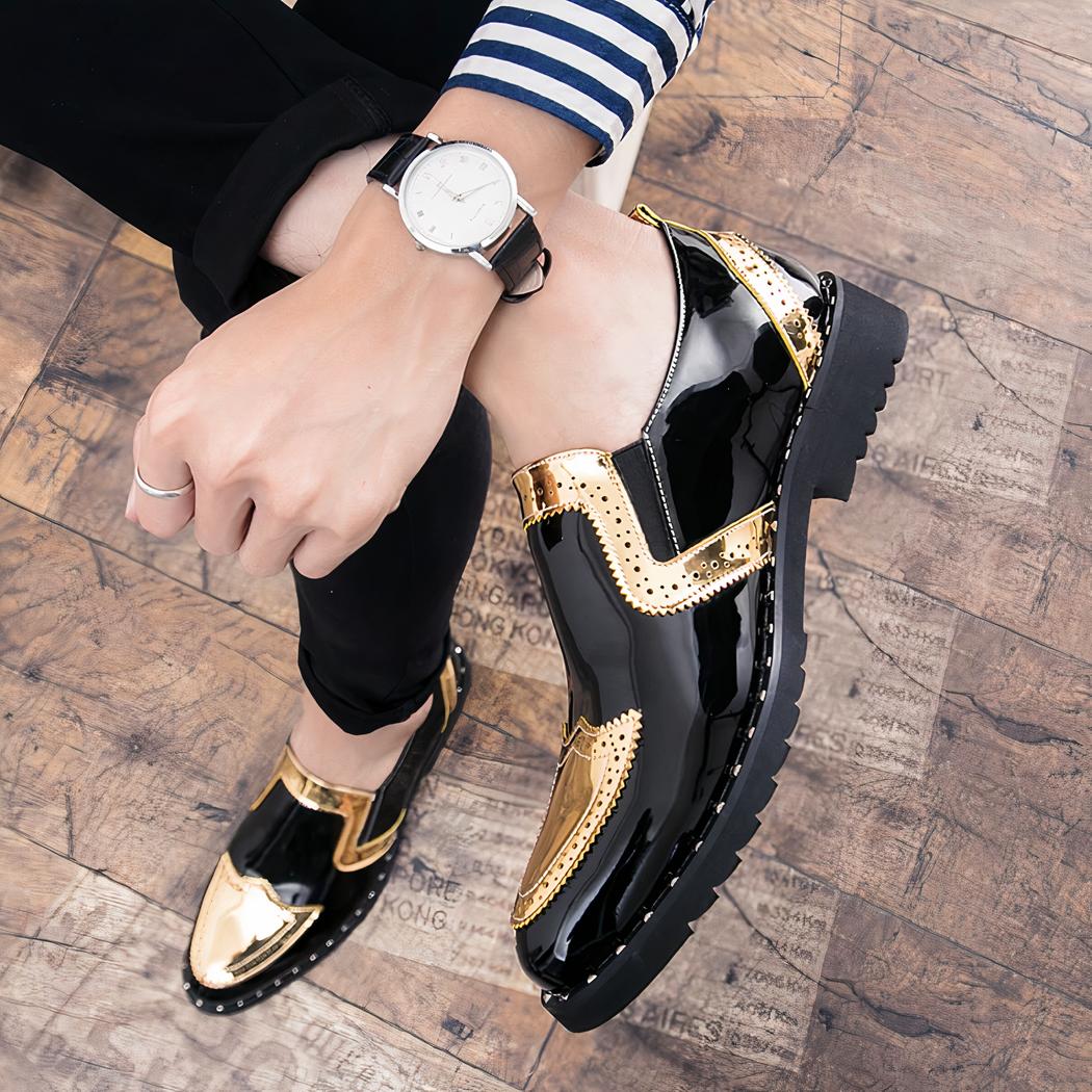 Mocassins vernis noir et doré pour hommes