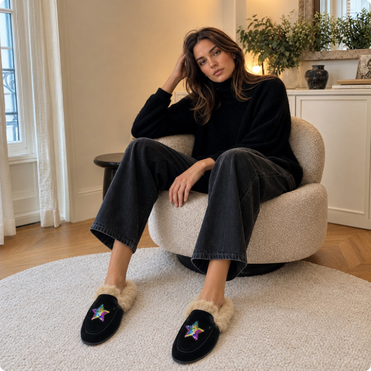 Mule fourrée à étoiles brodées en velours noir portée par une femme assise dans un fauteuil bouclé, jean noir et pull noir