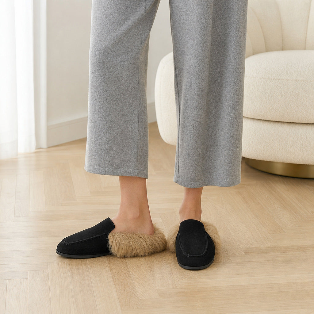 Mules fourrées d'intérieur avec doublure chaude, portés en situation, photo 1