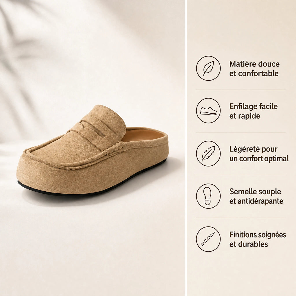 Mules Mocassins Beige à Talon Ouvert Effet Daim - Bénéfices produit