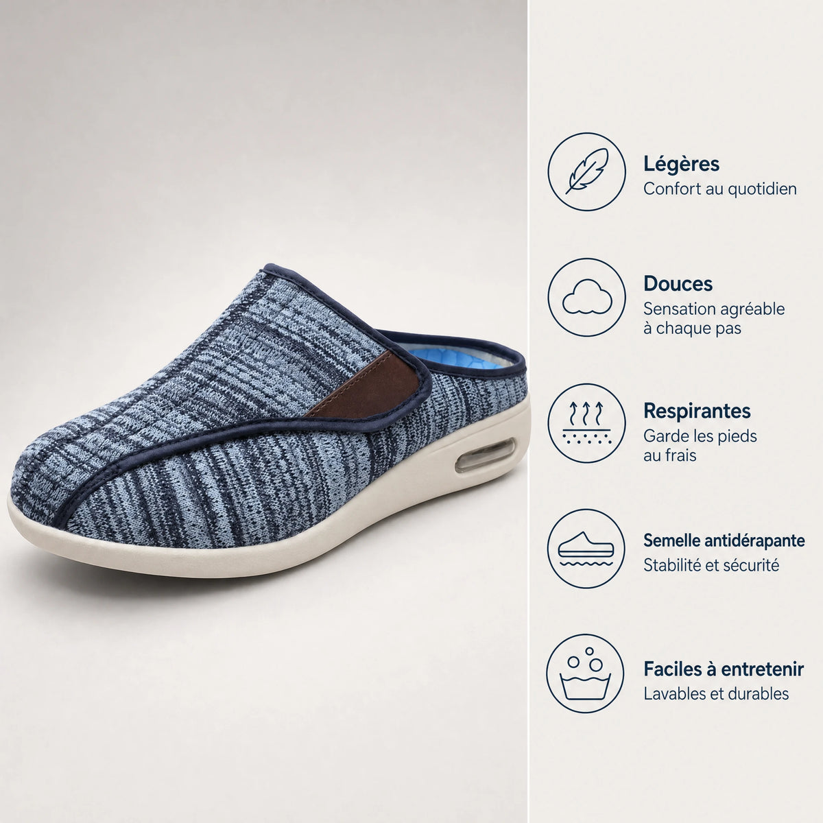 Mules orthopédiques à scratch en maille chinée - Bénéfices produit