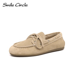 Mocassin à Lacets Femme Style Bateau Cuir Marron, Beige