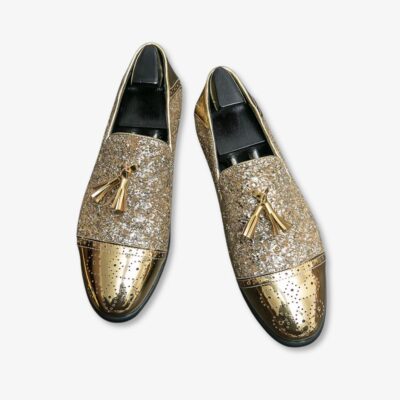 Mocassins de soirée dorés vernis et pailletés