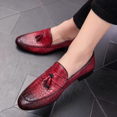 Mocassins à glands en cuir véritable effet croco pour homme