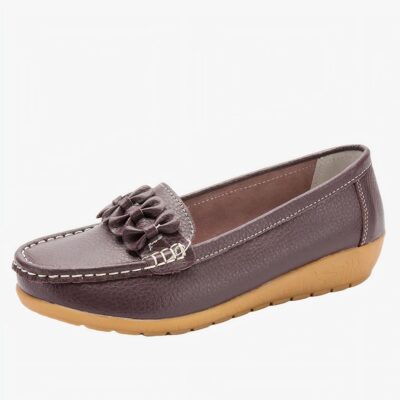 Mocassin marron sur fond blanc.