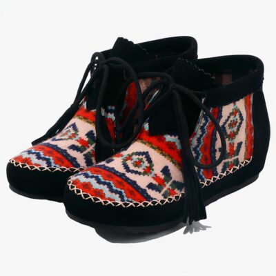 Mocassins indiens en daim noir et toile à motifs ethniques
