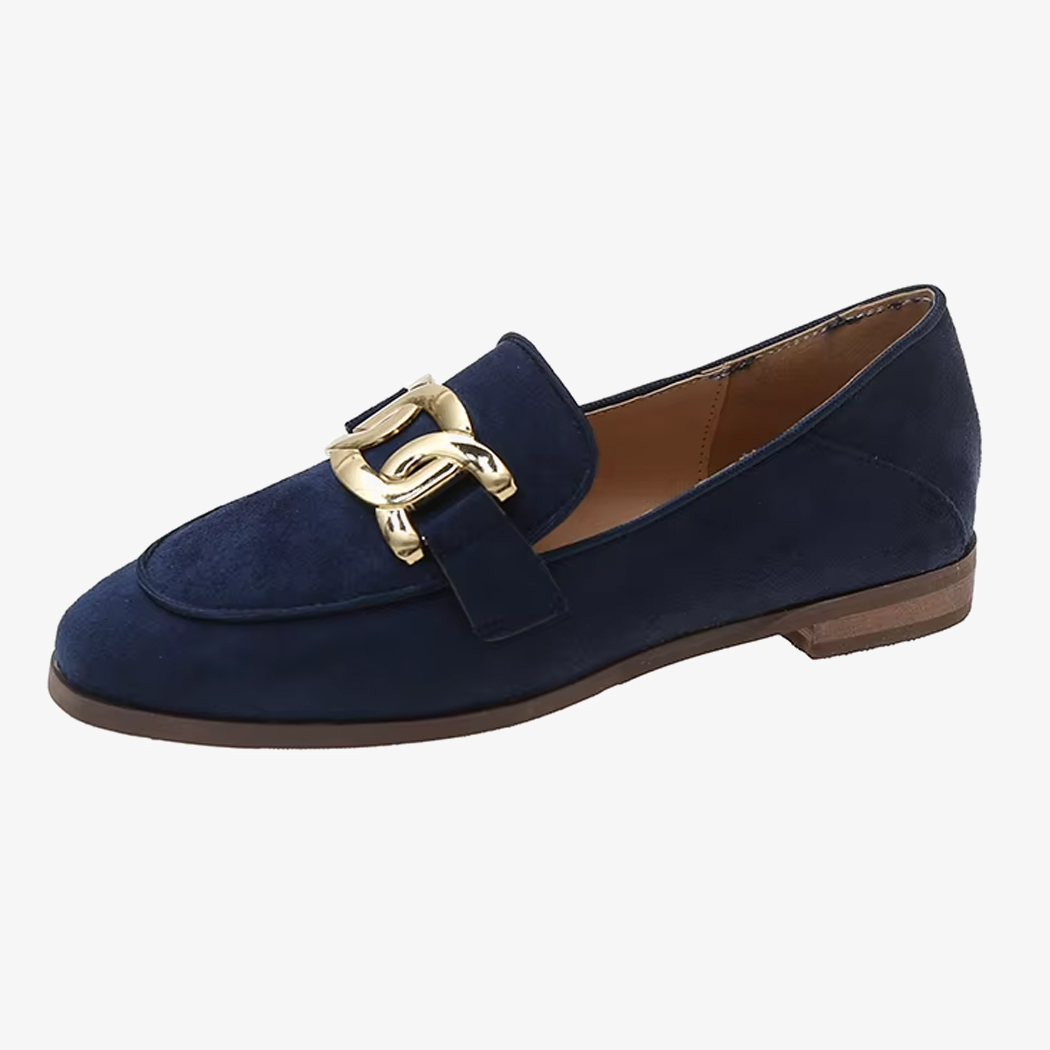 Mocassin en daim synthetique bleu marine a boucle style vintage