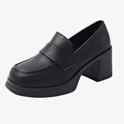 Mocassin noir à talon en cuir synthétique pour femme